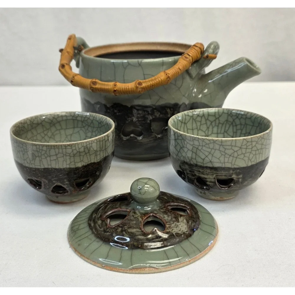 Japanese Crackle Glaze Celadon Tea Set Bamboo Handle Teapot and 2 Cups Heart Cut